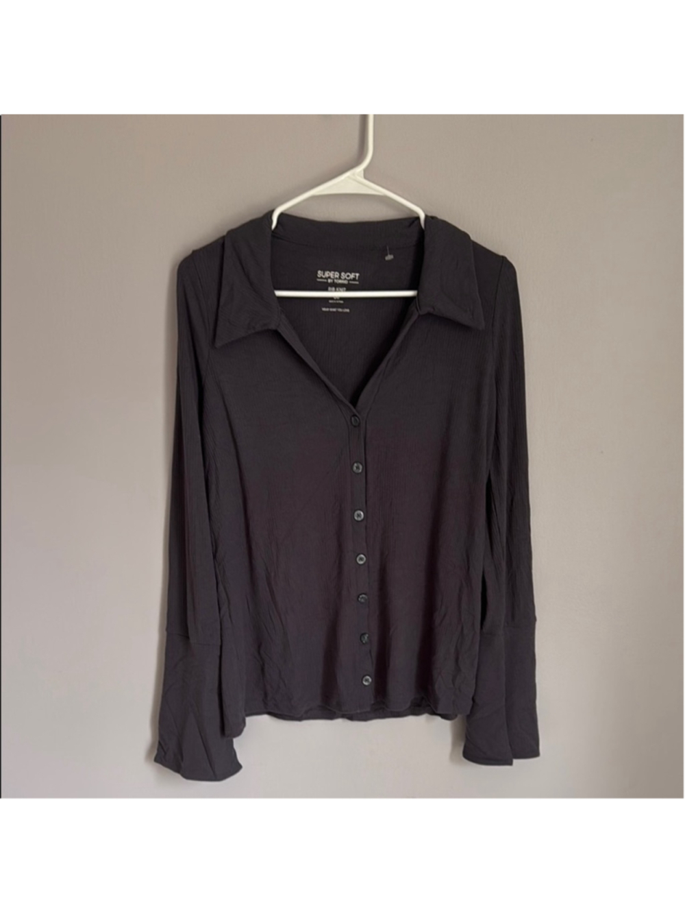 Super Soft Rib Button Front Flared Long Sleeve Top - Picture 3 of 5